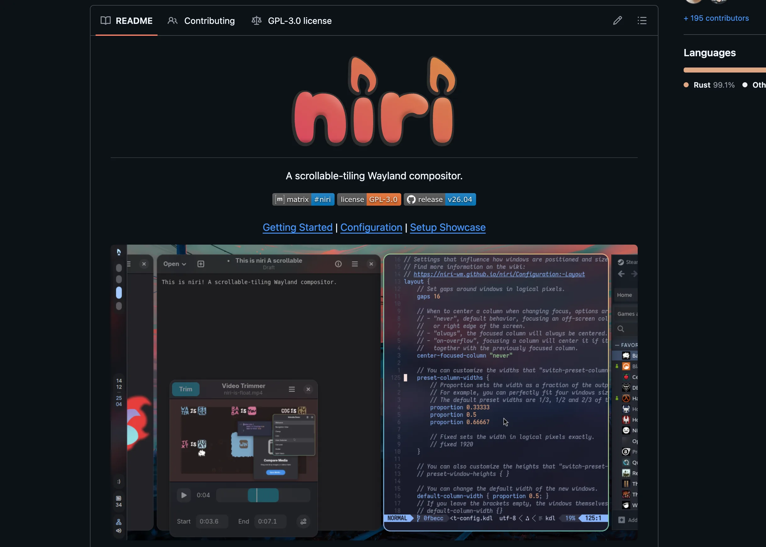 The Niri GitHub repository showing its scrollable-tiling Wayland desktop