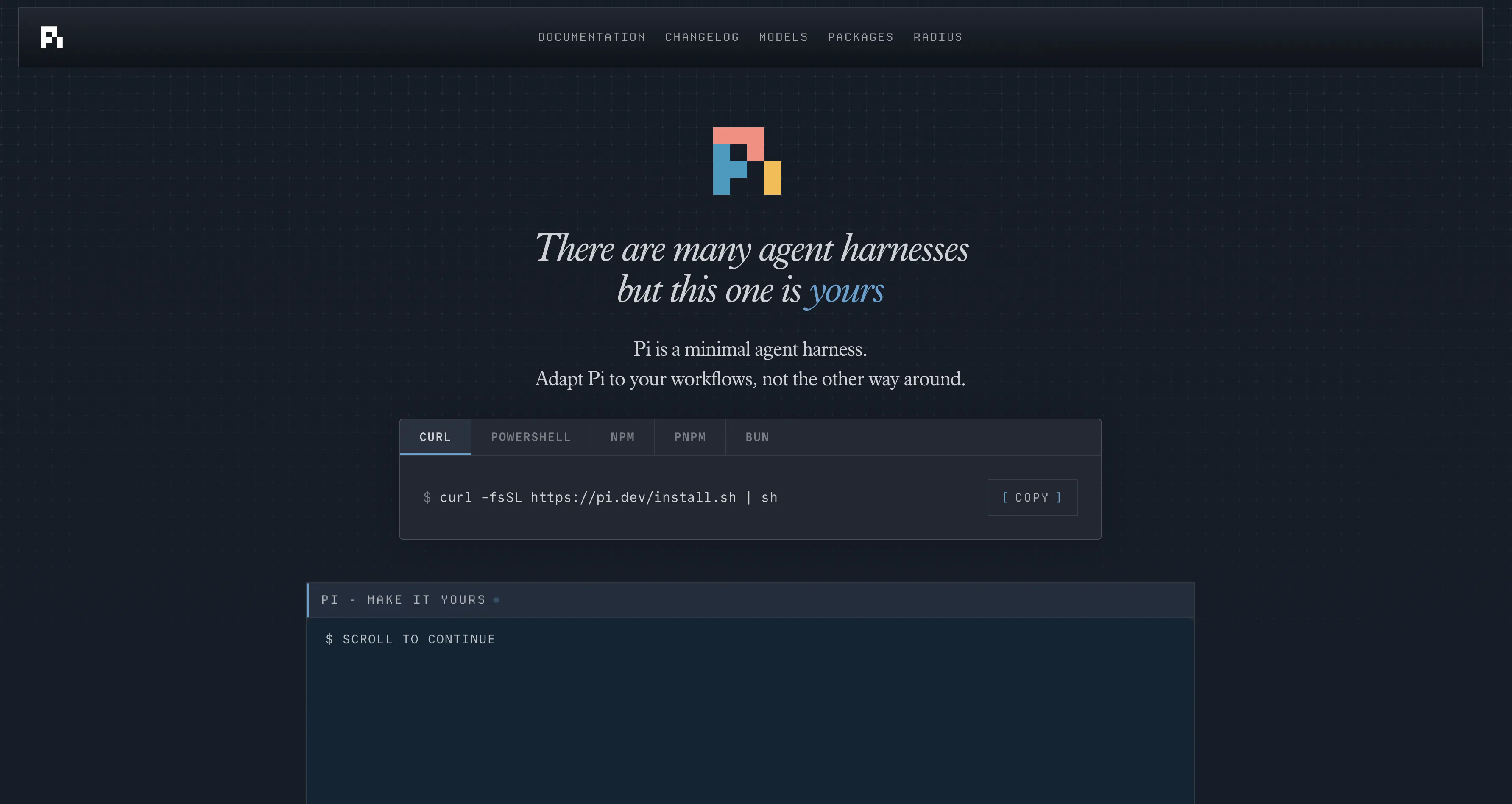 The Pi website describing its minimal, adaptable agent harness
