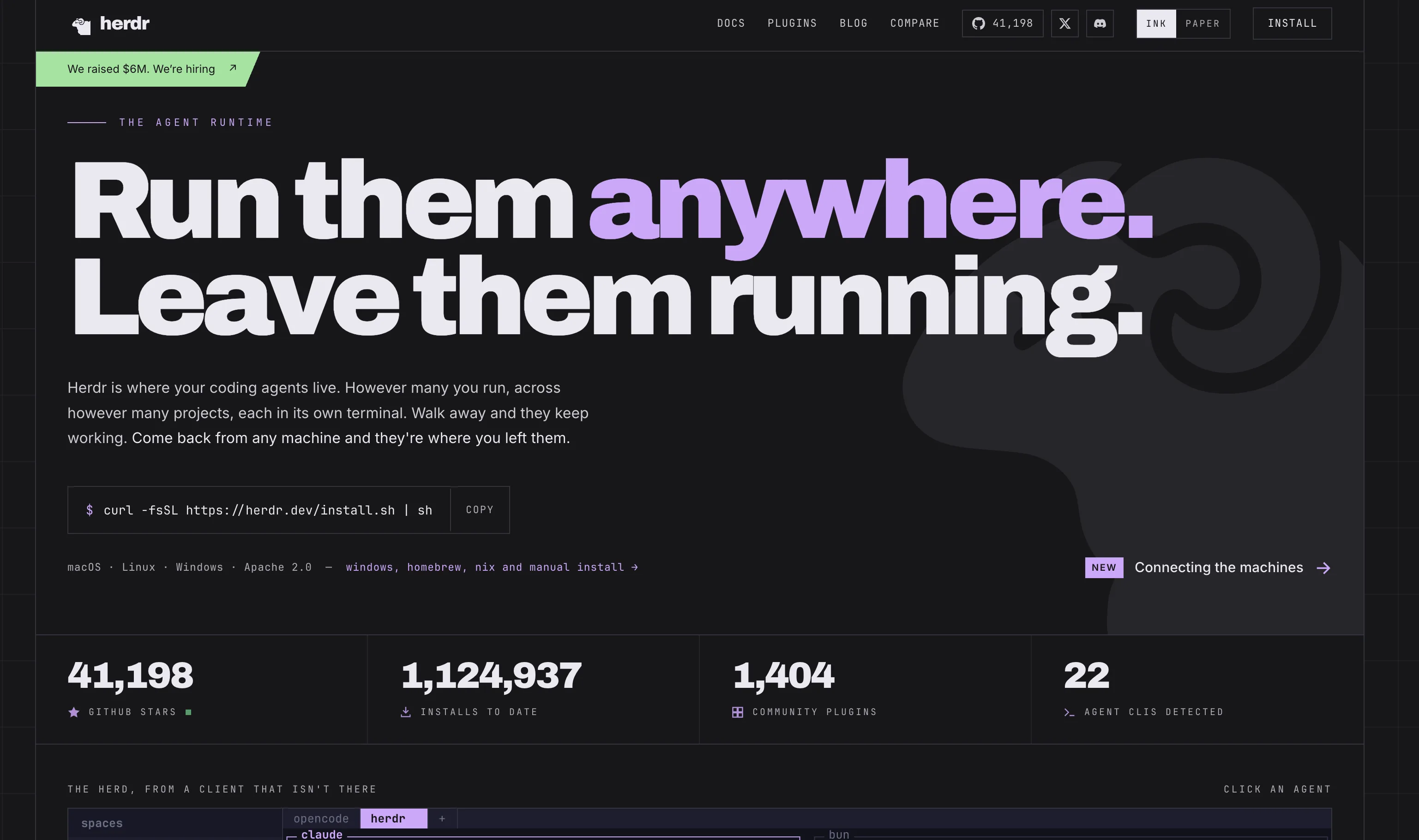 The Herdr website describing its runtime for persistent coding-agent sessions