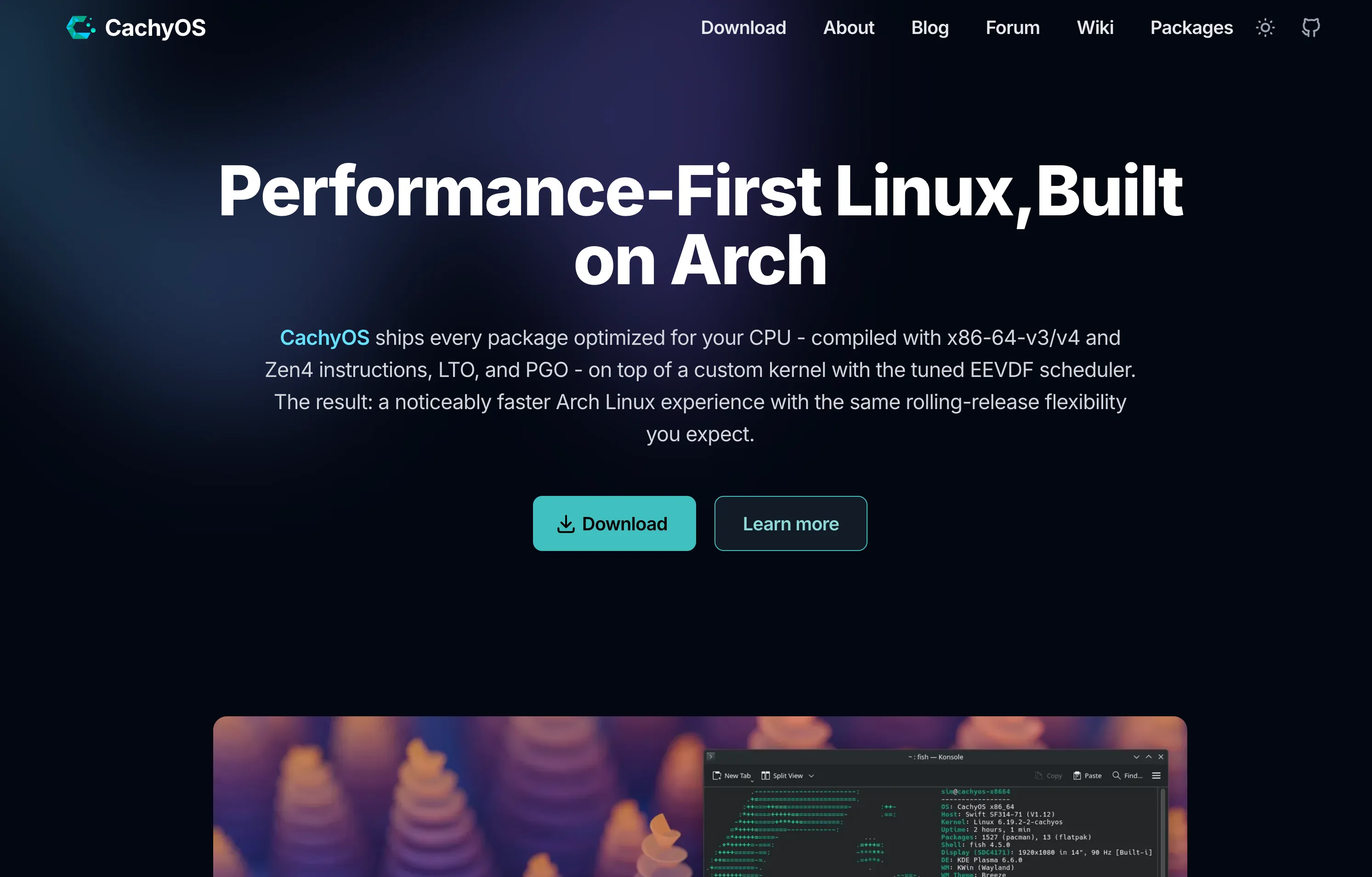 The CachyOS website describing its performance-first Arch Linux distribution